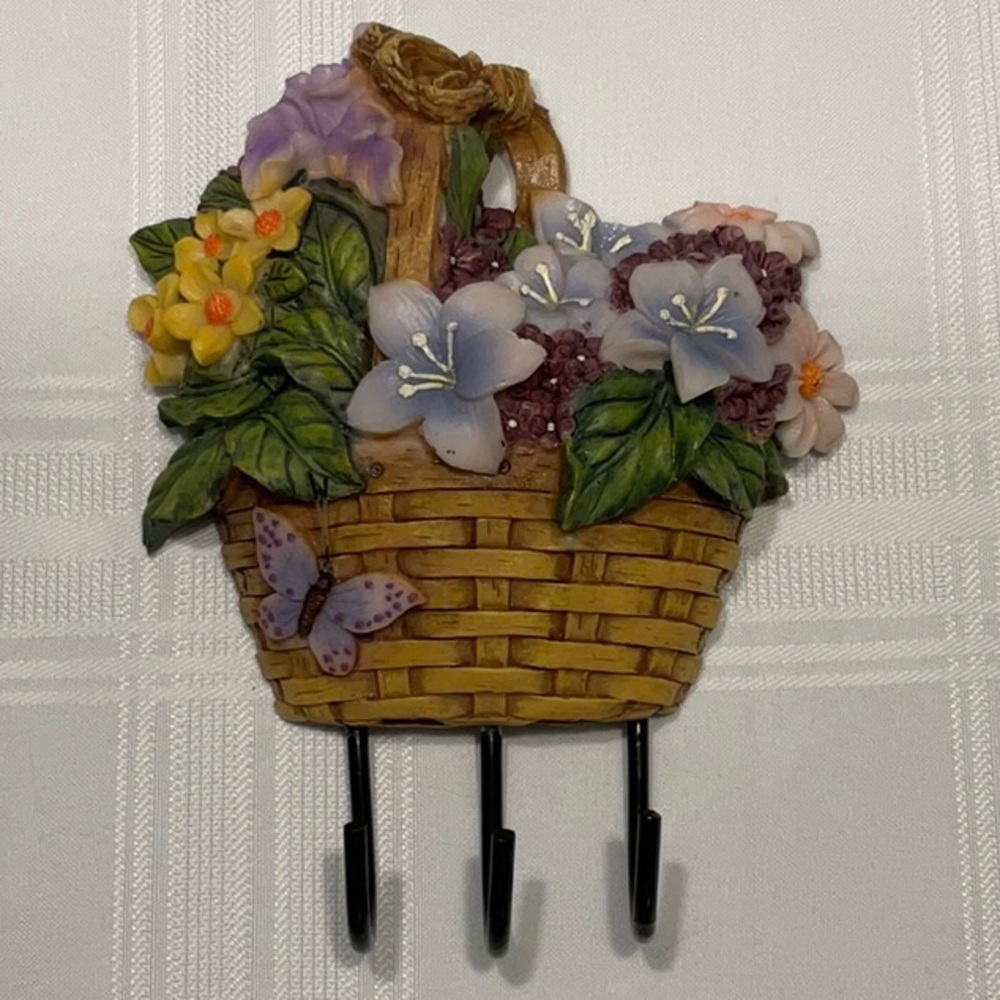 Heavy Resin Basket with Flowers & Butterfly Wall Hanging w\ Three Hooks